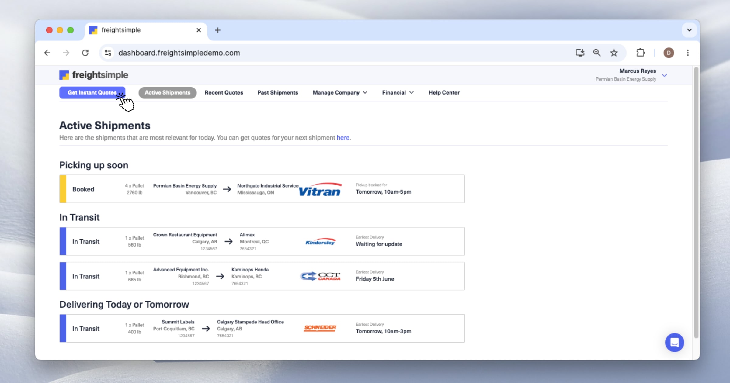 The FreightSimple dashboard top menu with Get Instant Quotes highlighted.