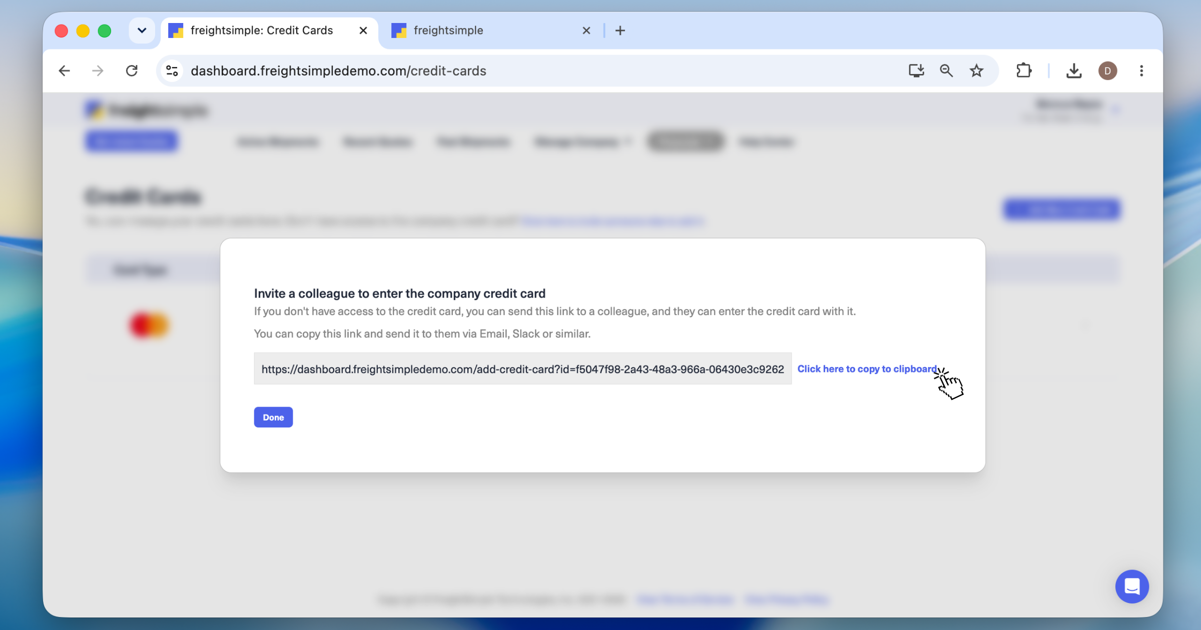 The popup showing the secure invite link ready to copy.