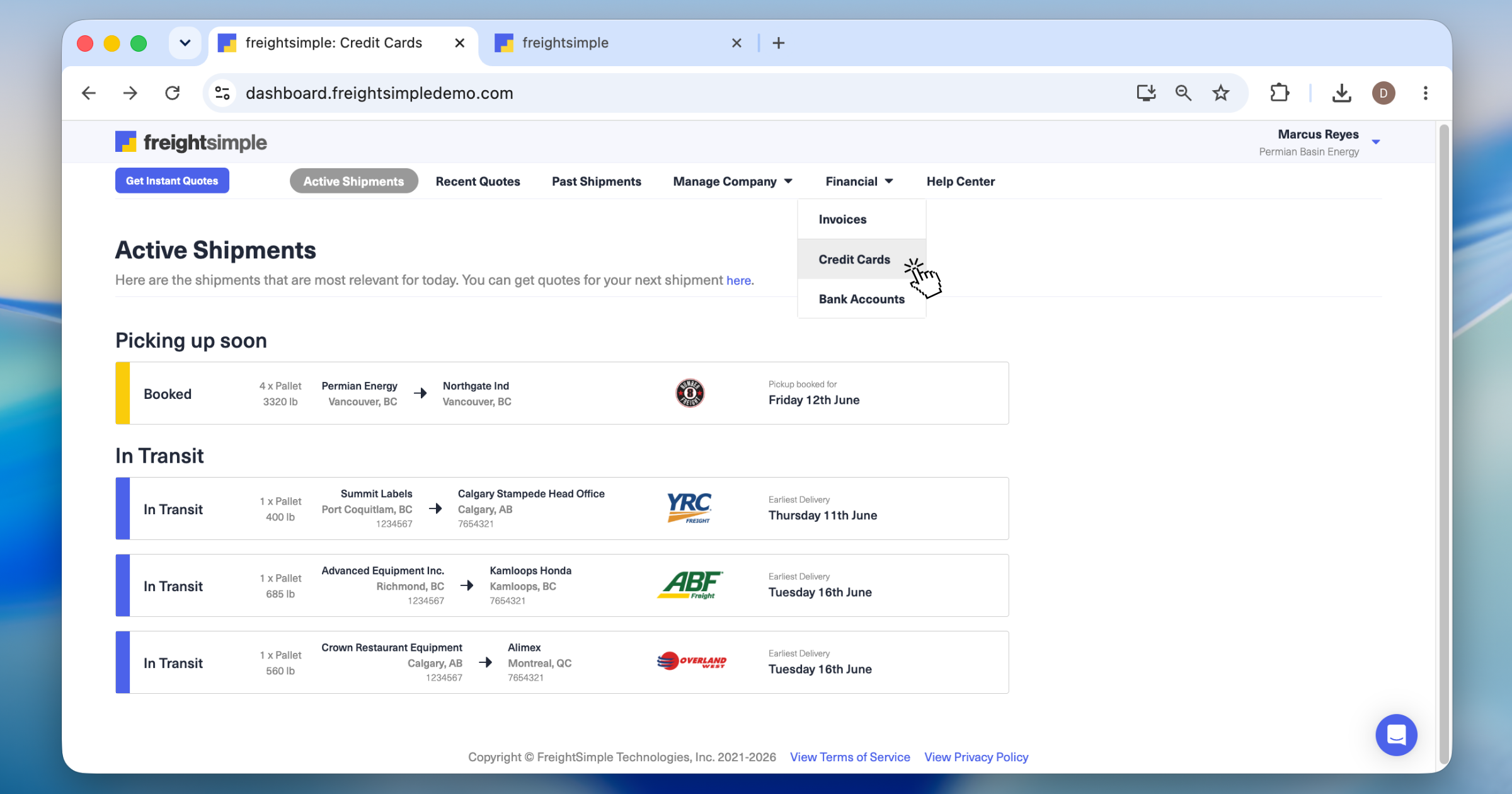 The Credit Cards page open from the Manage Company menu in the FreightSimple Dashboard.