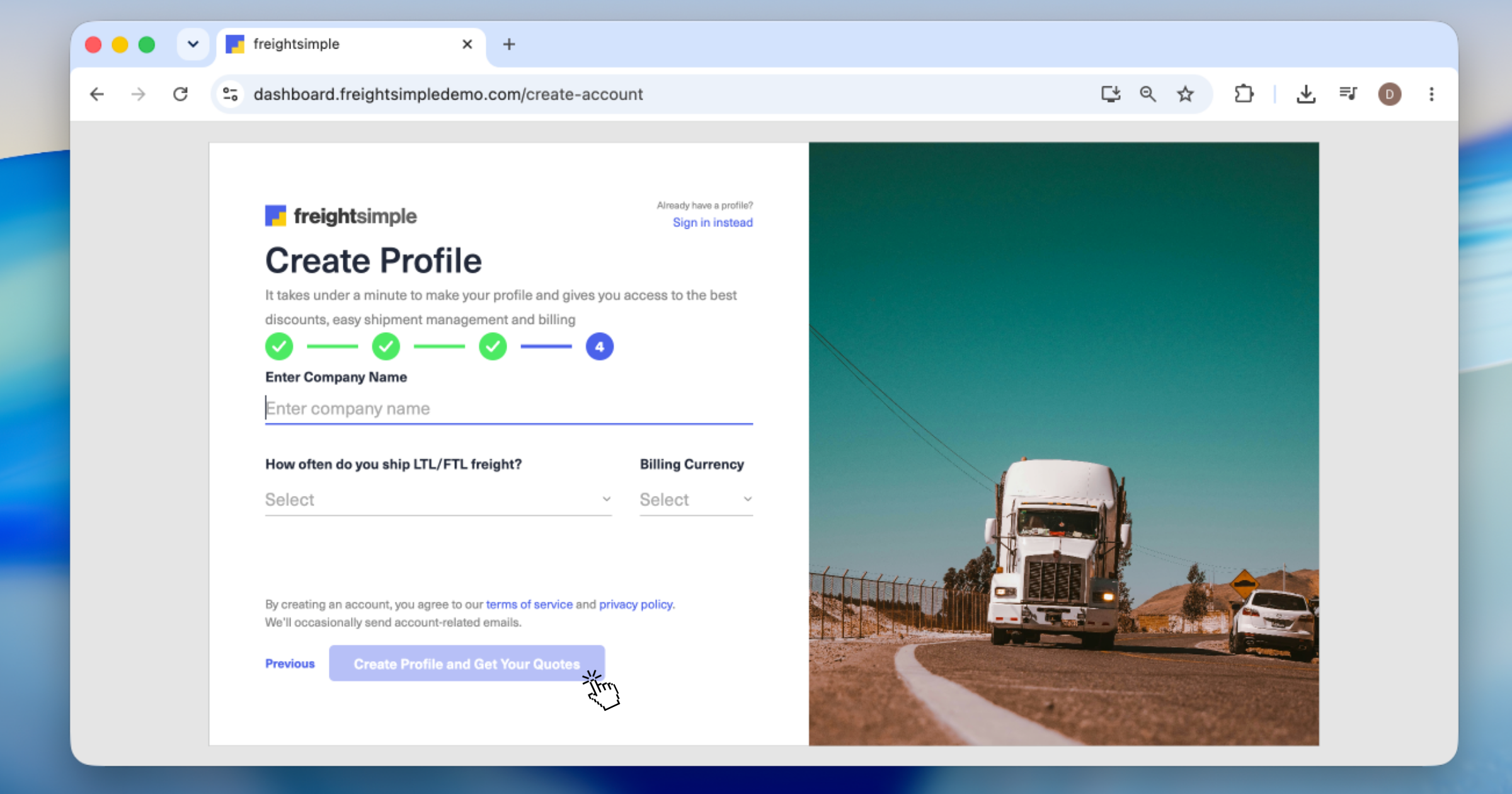 Sign-up form with company name, billing currency, and shipping frequency