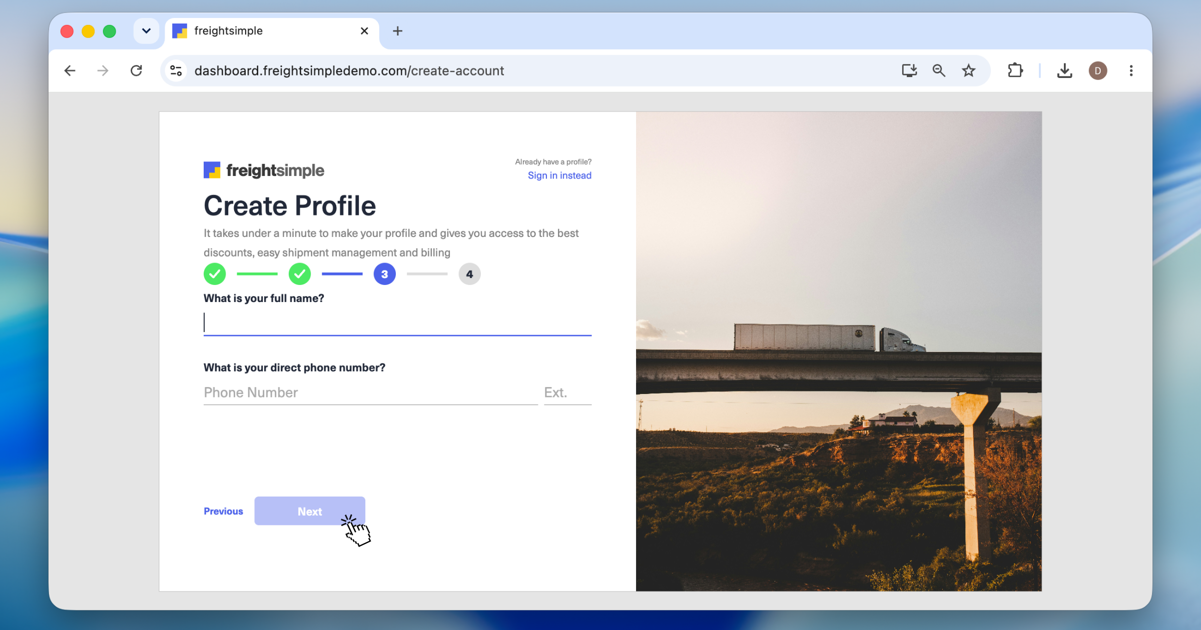 Sign-up form with name and phone number fields