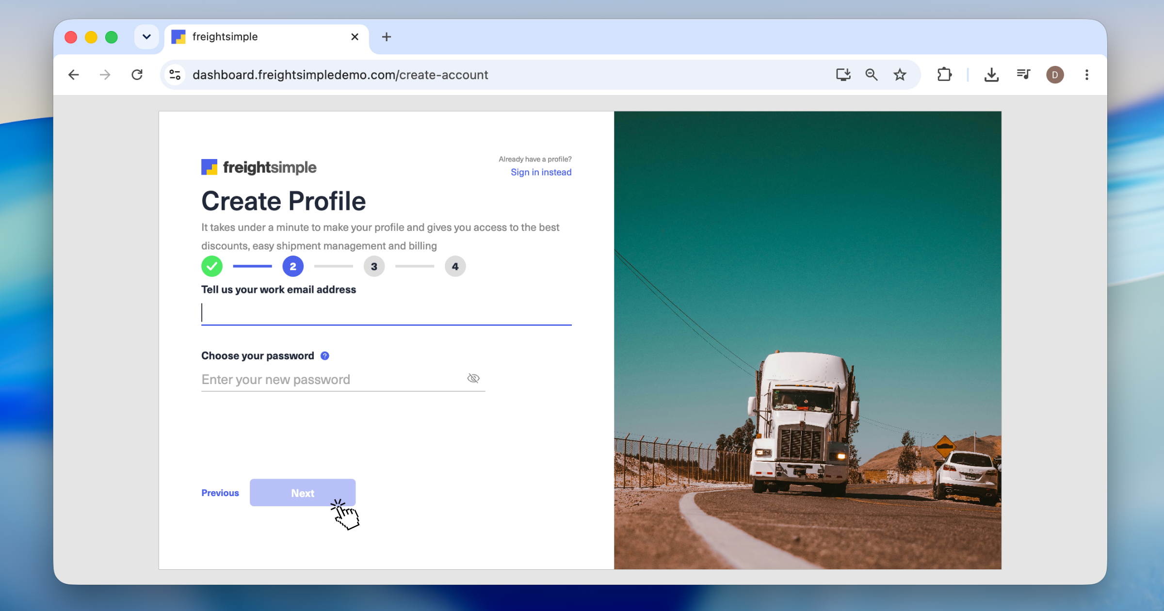 Sign-up form with email and password fields