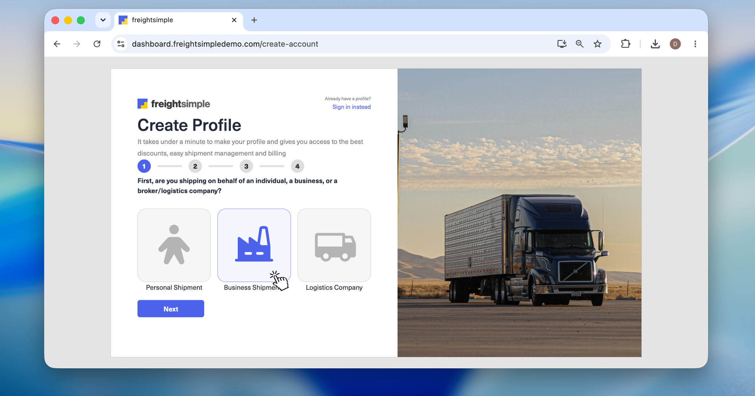 Account type selection: Individual, Business, or Logistics company