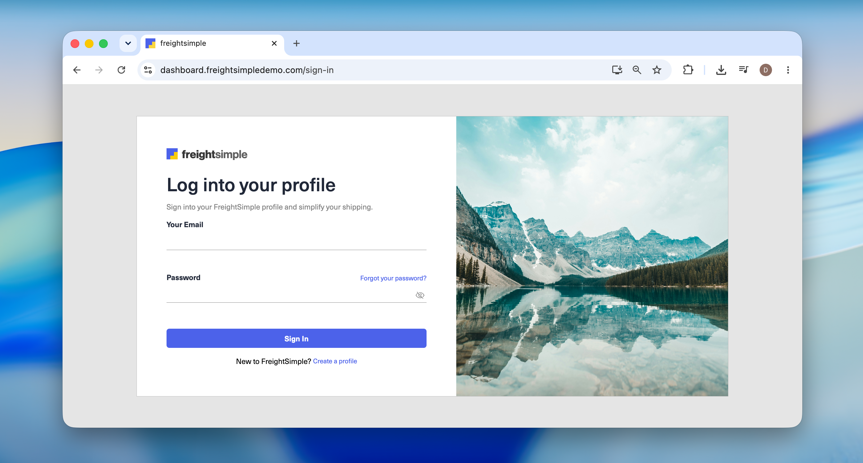 FreightSimple sign-in screen with email and password fields