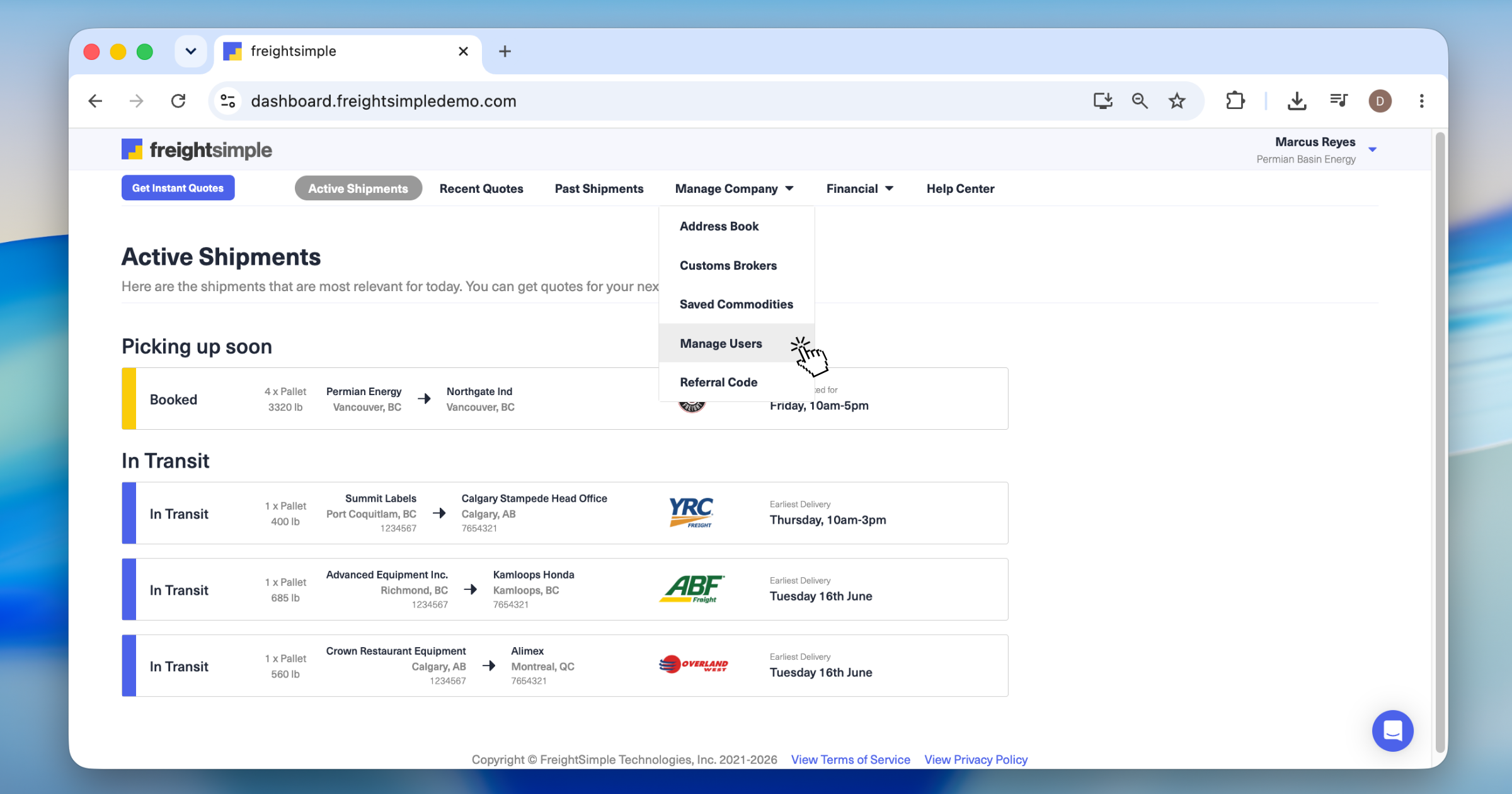 Manage Users page listing everyone with access to the company account