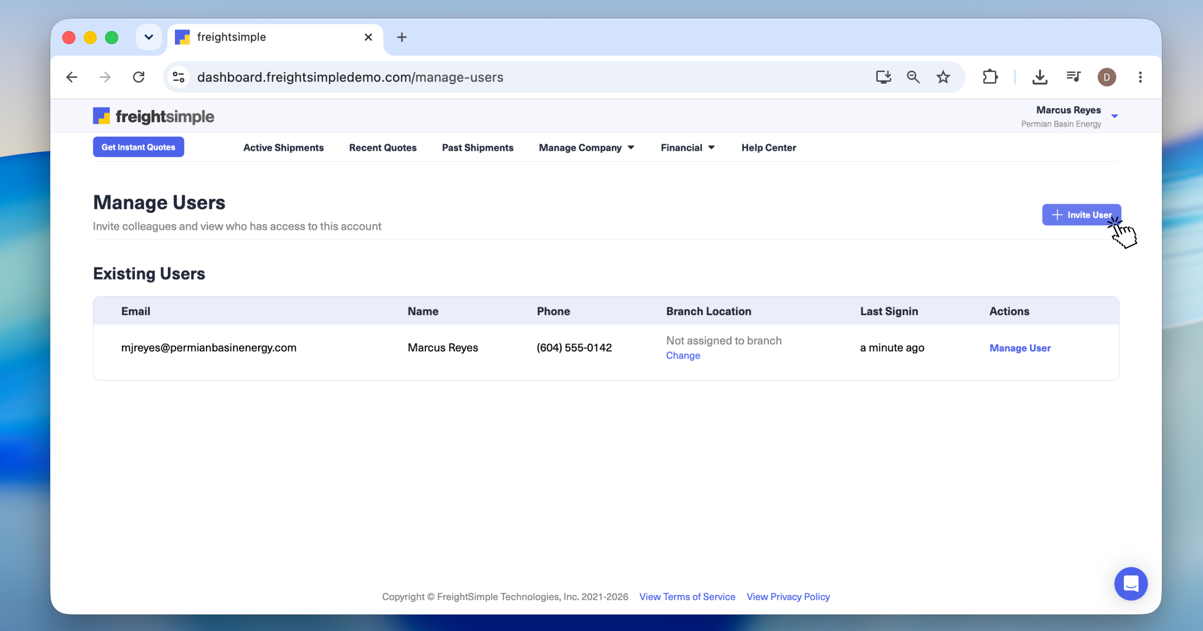 Invite User button at the top of the Manage Users page