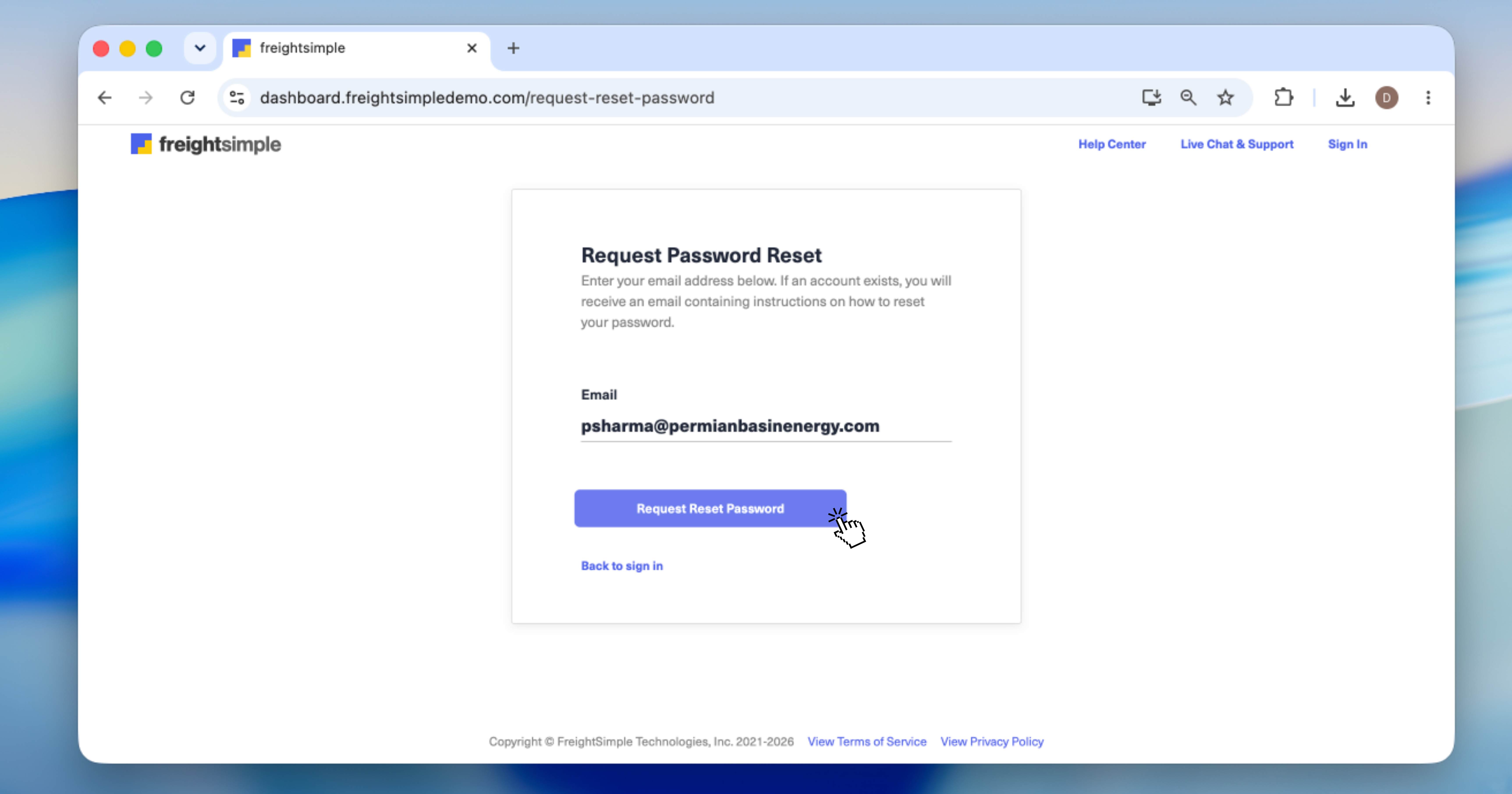 Confirmation page showing the entered email and the Request Reset Password button