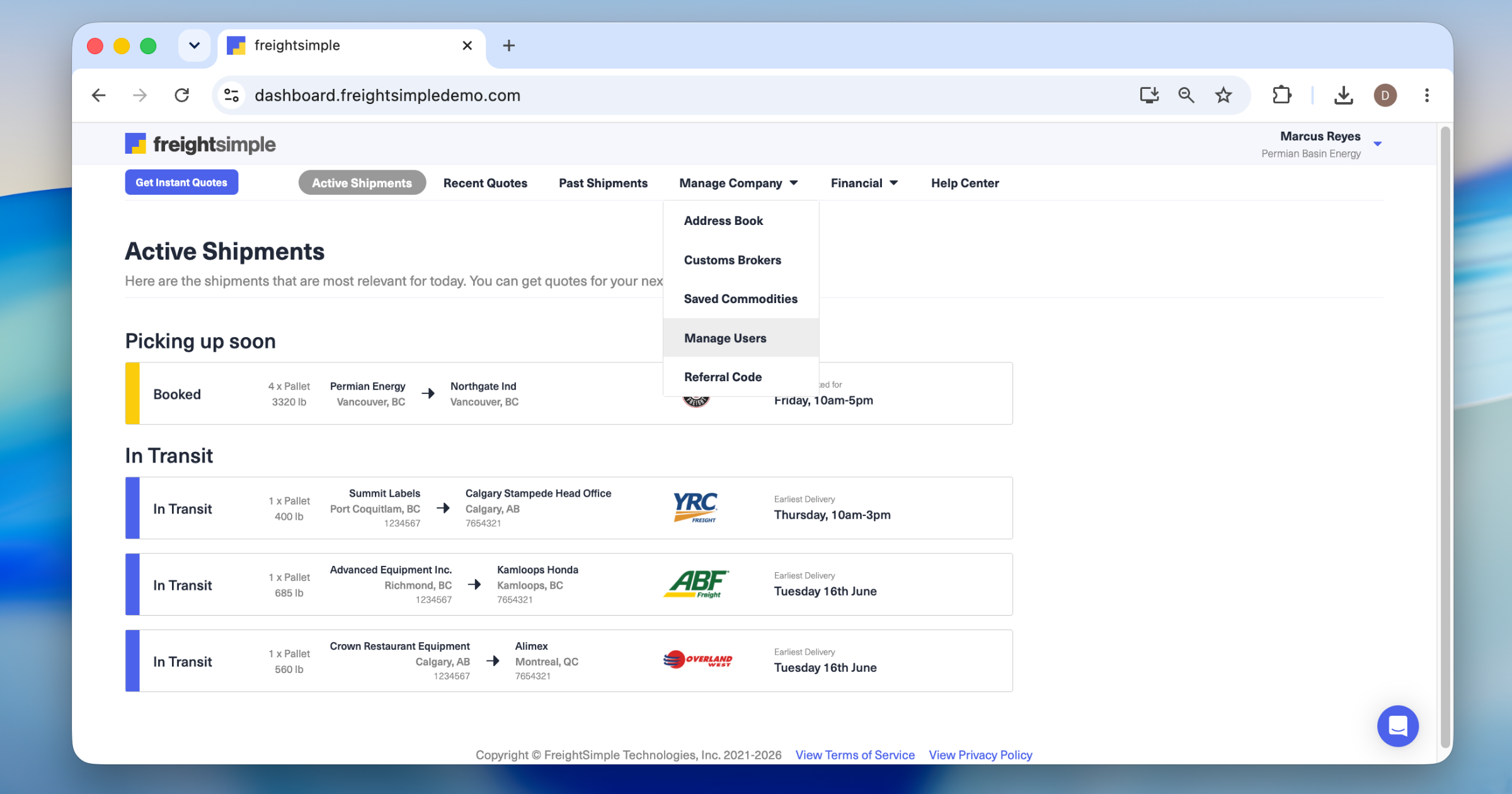 Manage Users section listing everyone on the account