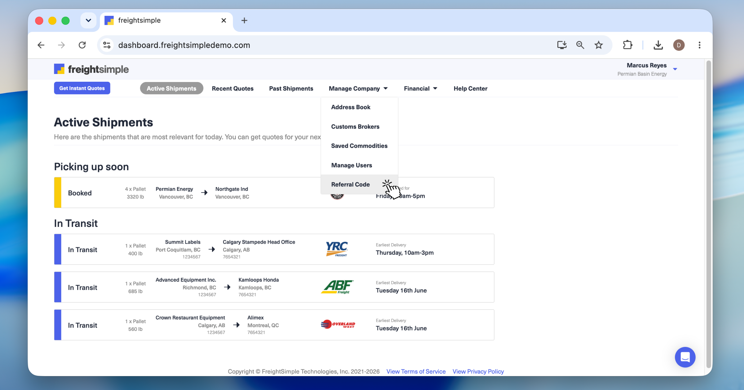 Referral Code option under the Manage Company menu