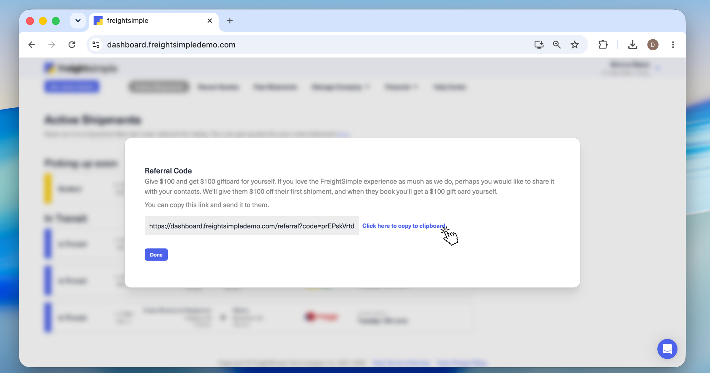 Referral Code page showing your unique link with a copy button