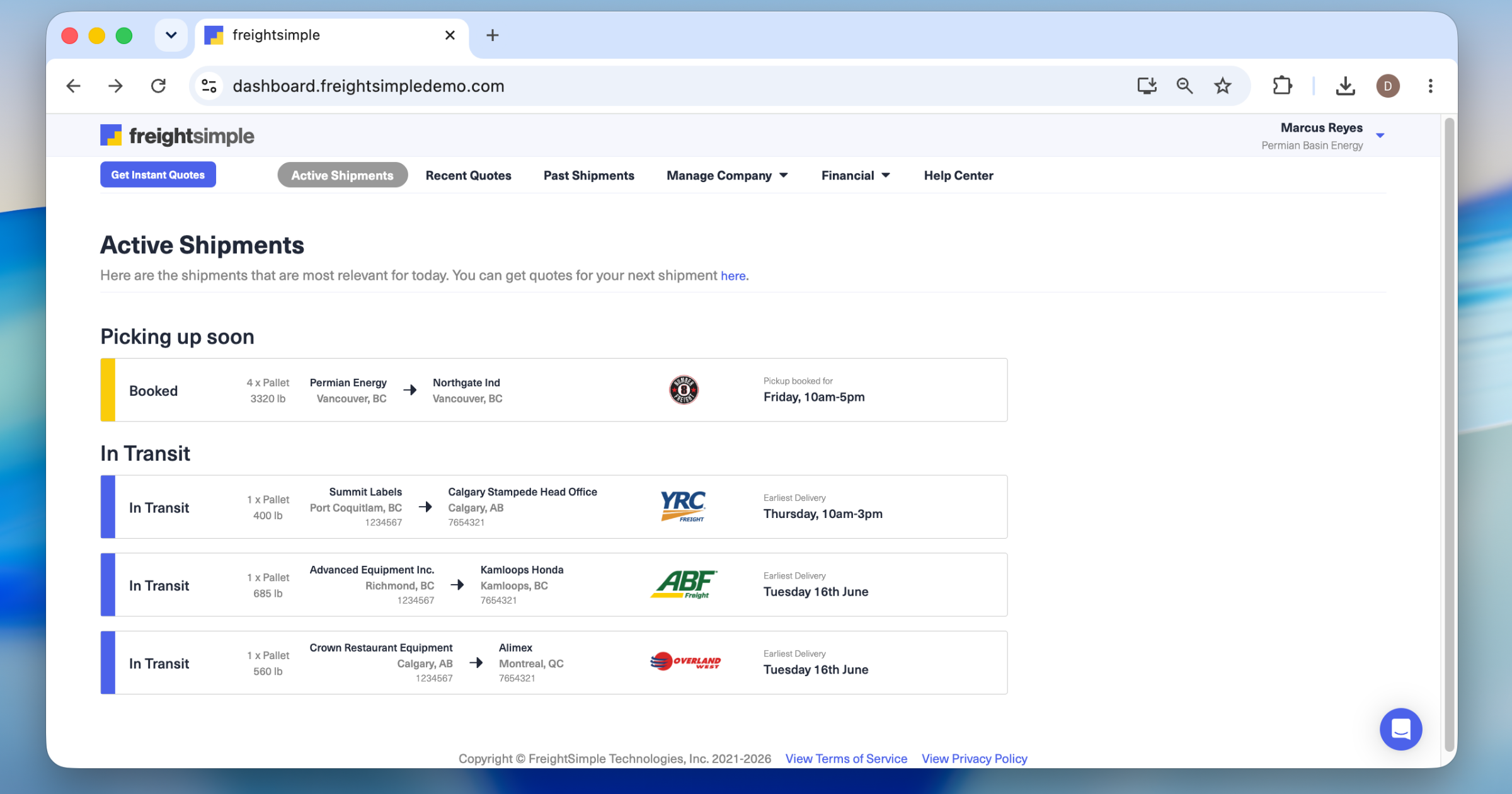 FreightSimple dashboard after creating your account