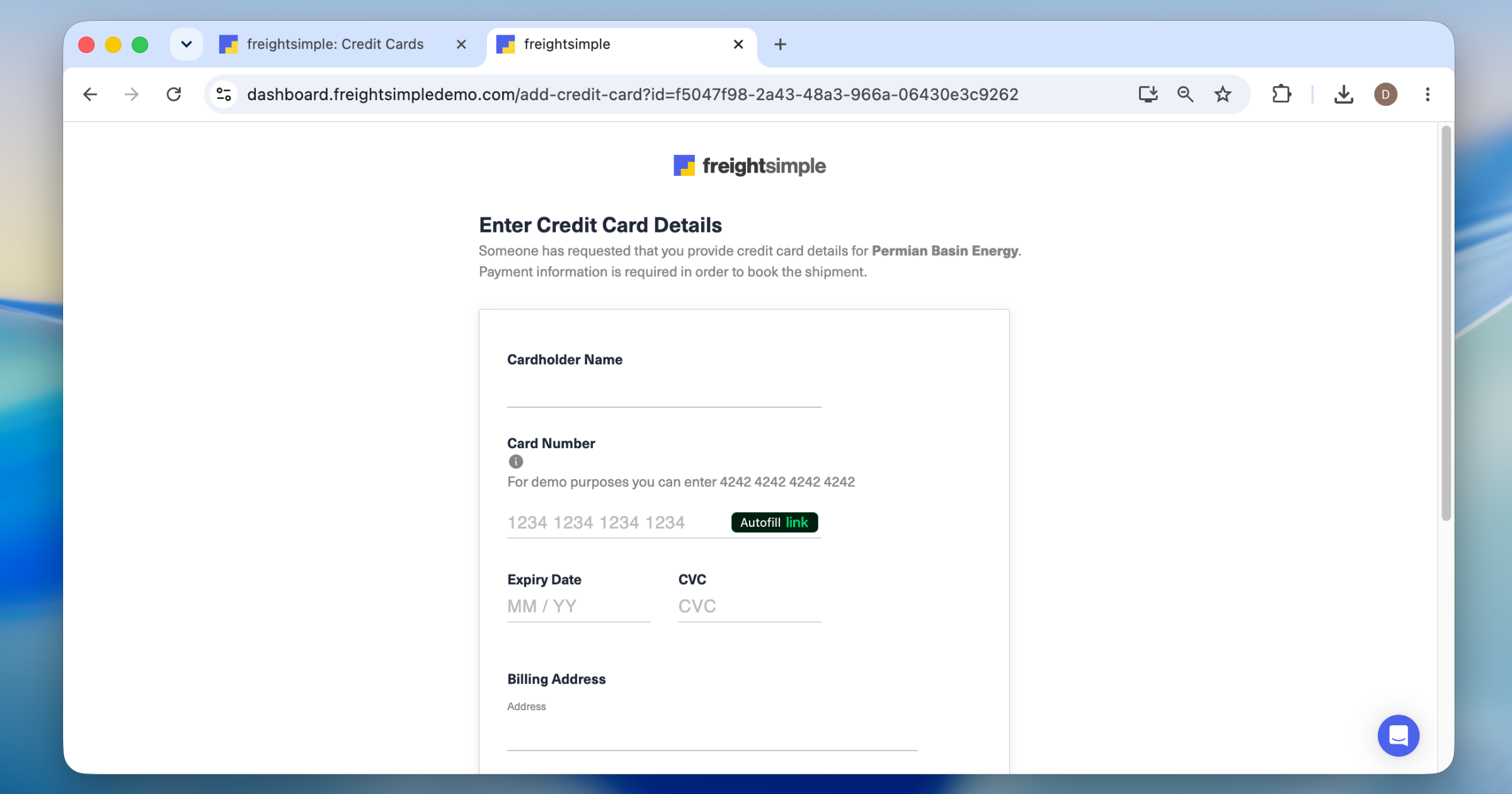 The secure form where your colleague enters the credit card details.