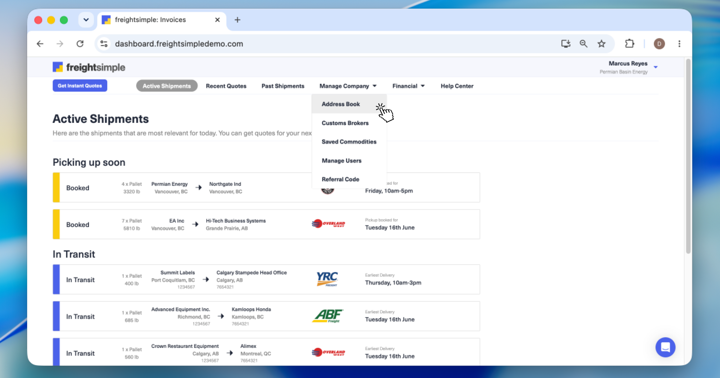 The Manage Company menu open in the dashboard with the Address Book option highlighted.