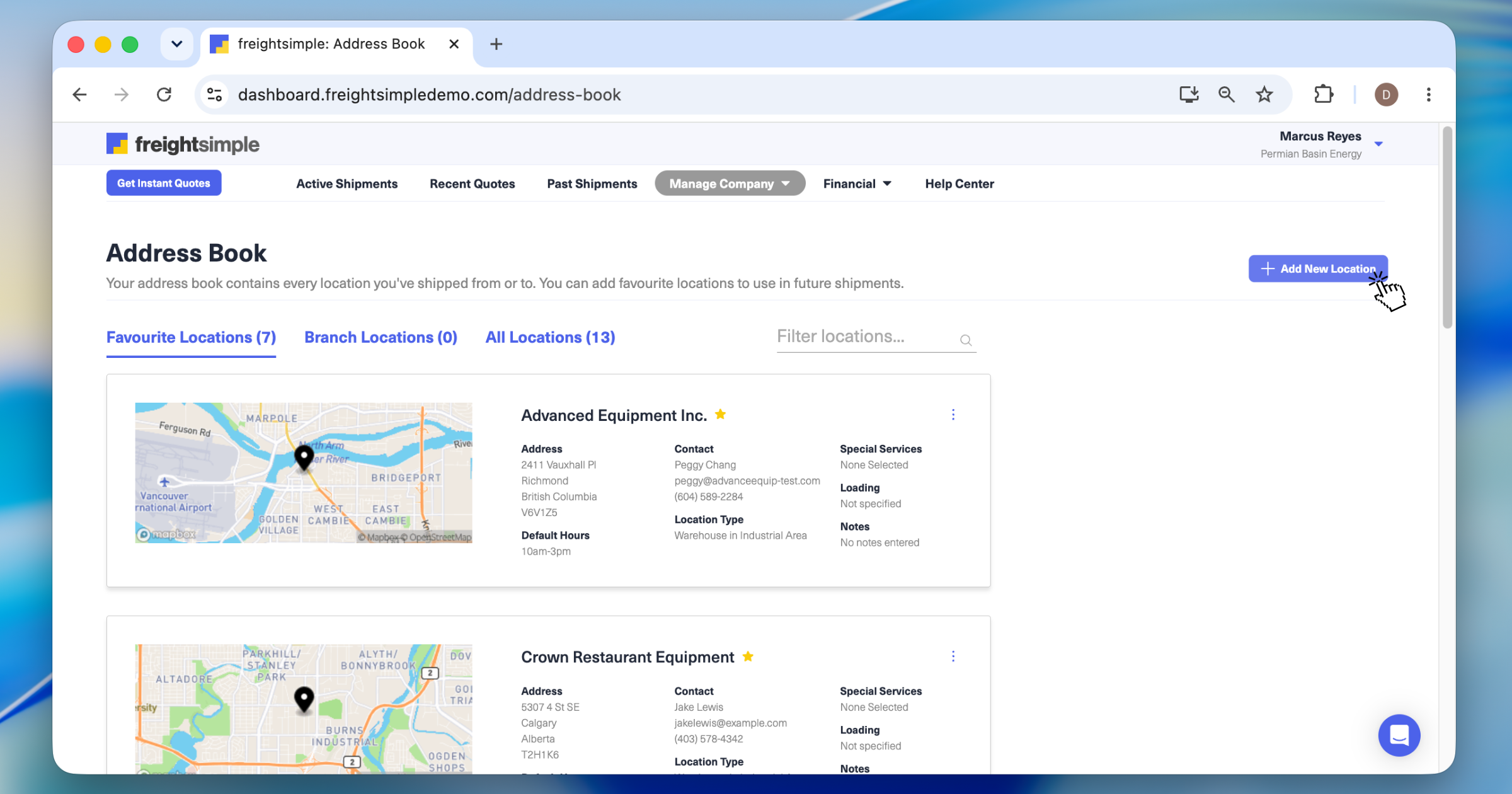 The Address Book page with the Add New Location button highlighted.