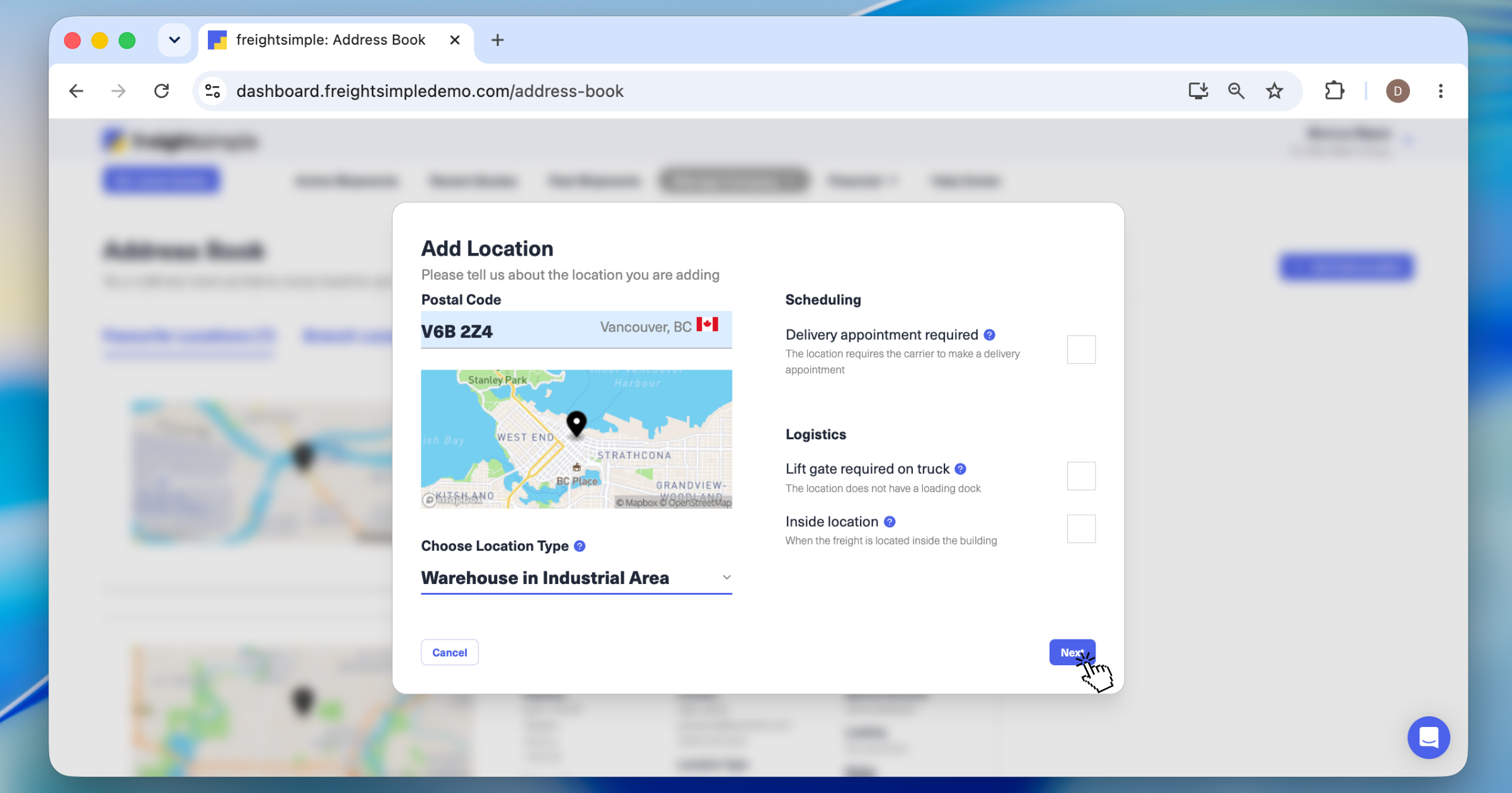 The Add Location form with postal code, location type, and special services such as appointment, lift gate, and inside location.