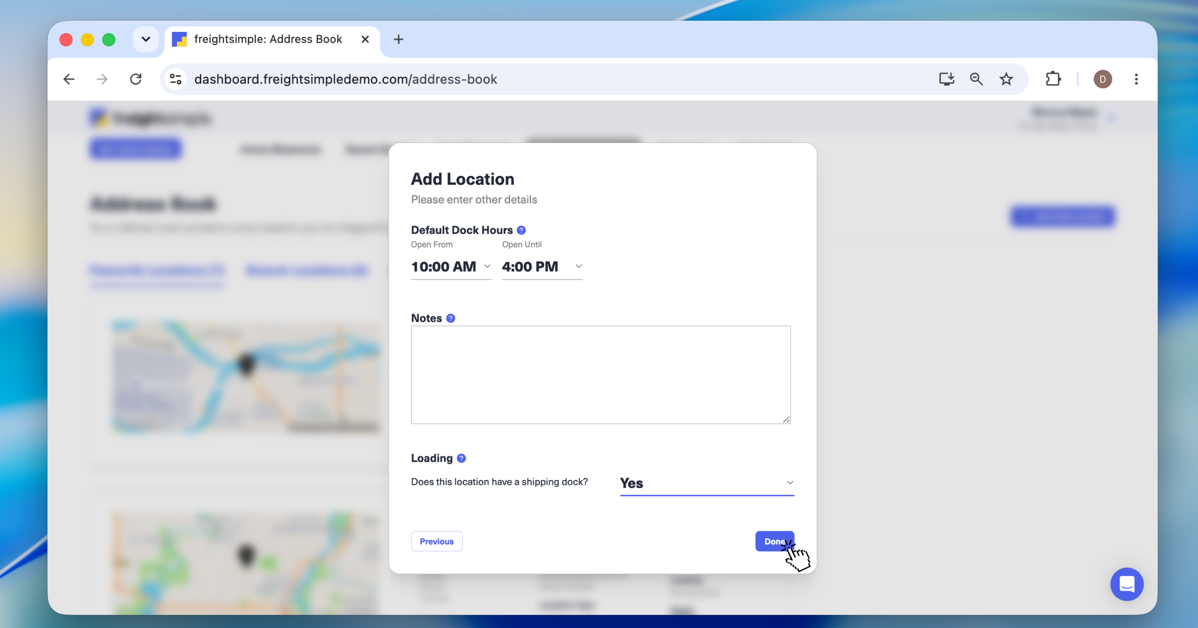 The Add Location form with default dock hours, notes, and a loading dock option.