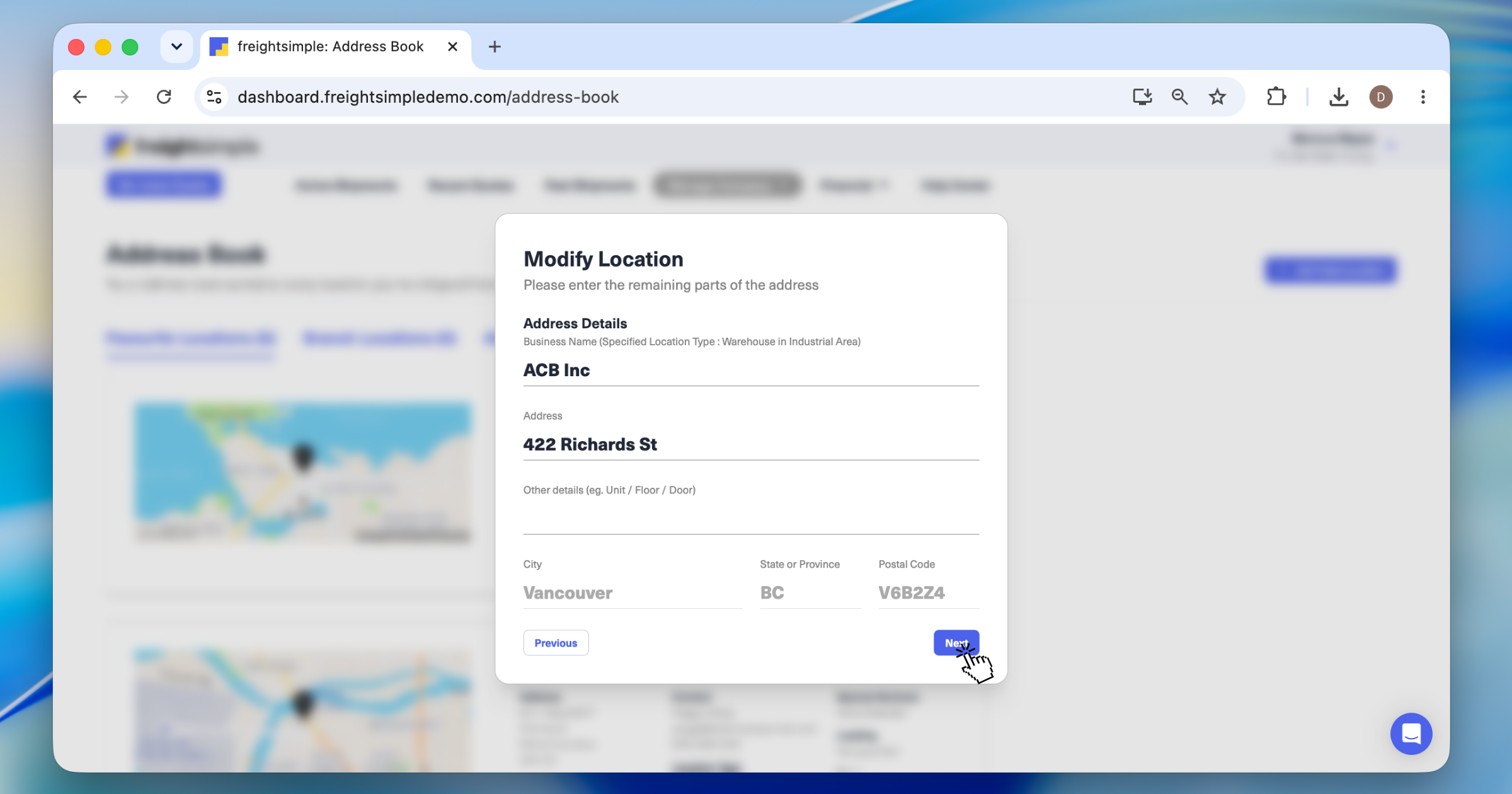 The Add Location form with business name, address, and contact details.