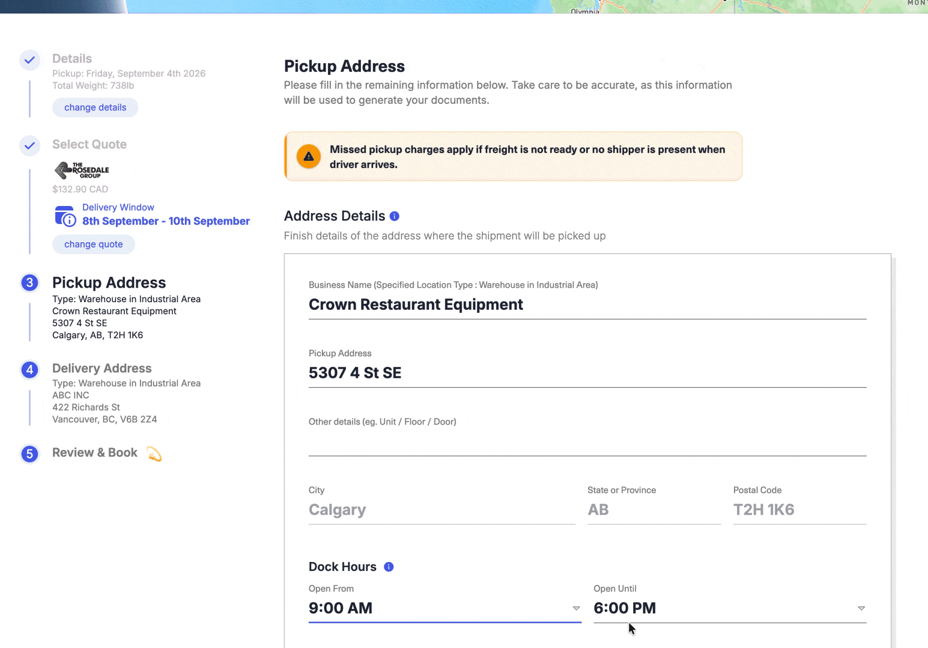 Pickup address and open hours fields when booking a shipment