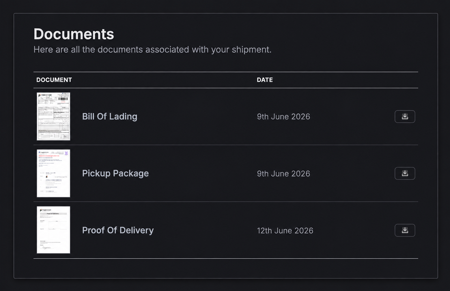 The Documents section of a shipment in the FreightSimple dashboard, listing the Bill Of Lading, the Pickup Package and the Proof Of Delivery, each with a download button.
