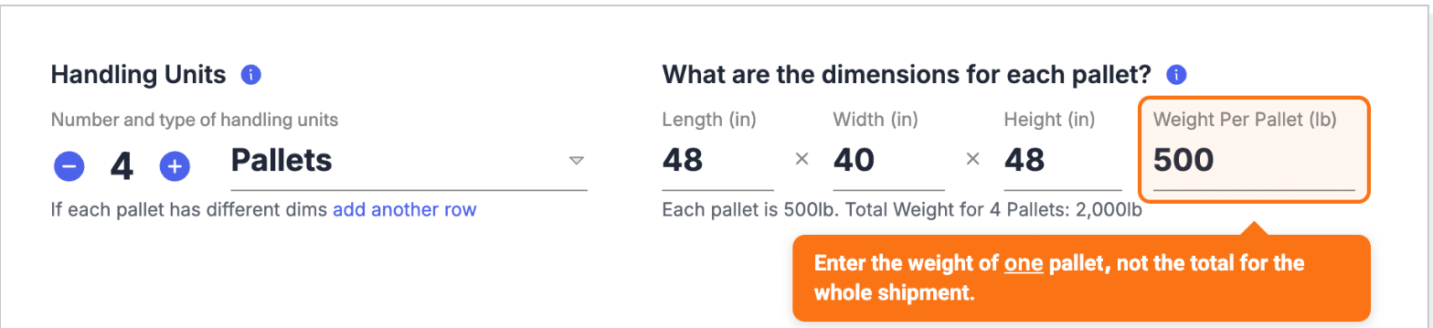 Shipment Contents form with the Weight Per Pallet field highlighted, showing 500 lb for one pallet in a four-pallet shipment