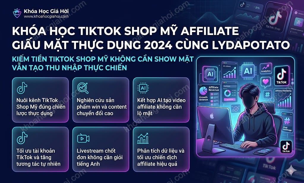 Khóa Học Tiktok Shop Mỹ Affiliate Giấu Mặt Thực Dụng 2024 Cùng Lydapotato