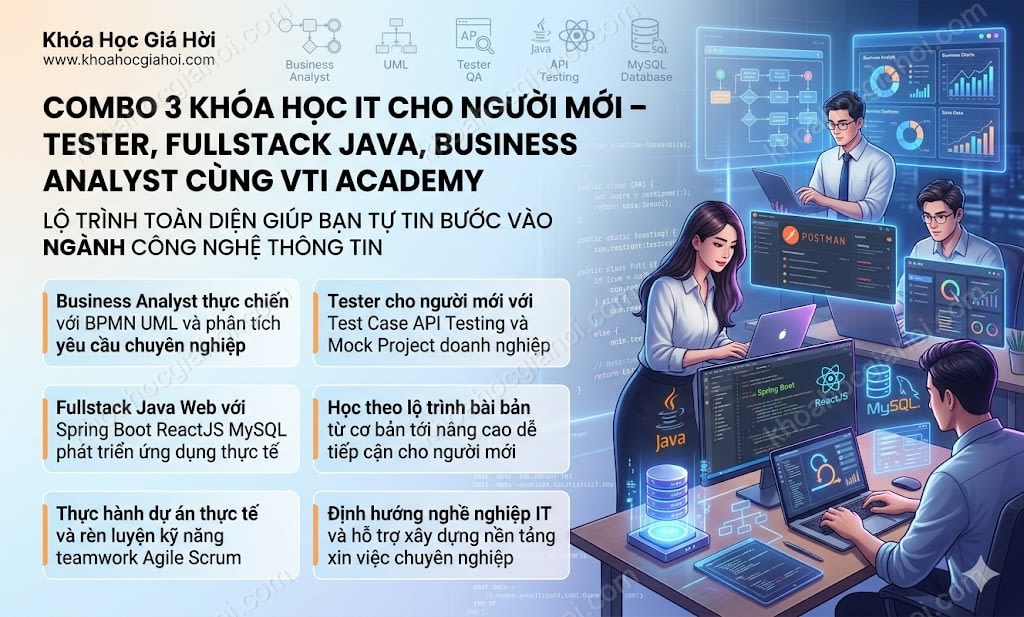 Combo 3 Khóa Học IT Cho Người Mới – Tester, Fullstack Java, Business Analyst Cùng VTI Academy