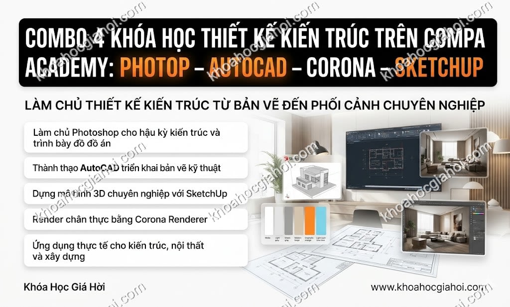 Combo 4 Khóa Học Thiết Kế Kiến Trúc Trên Compa Academy: Photoshop – Autocad – Corona – Sketchup