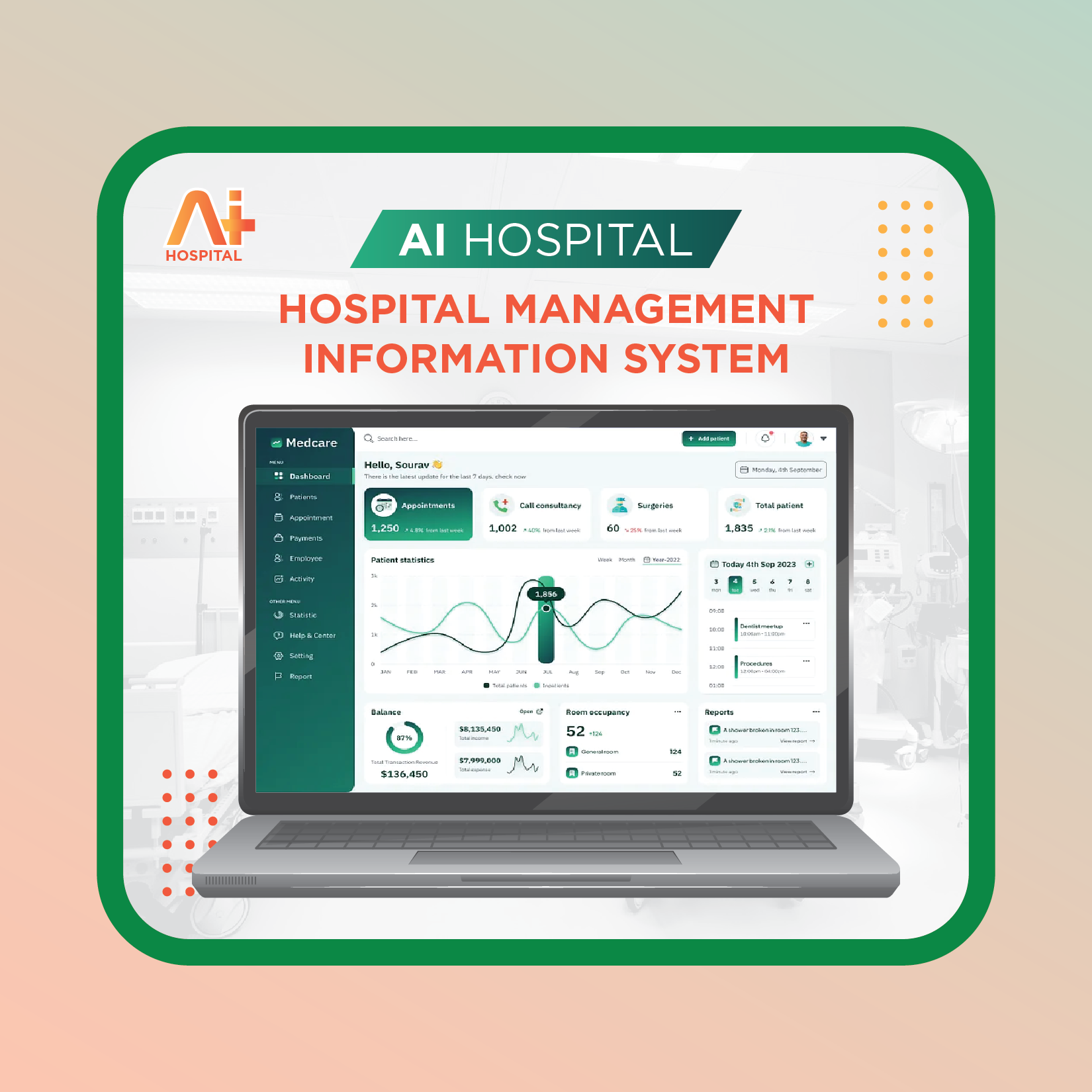 ExaSuite ERP dashboard with HR, finance, and inventory management modules