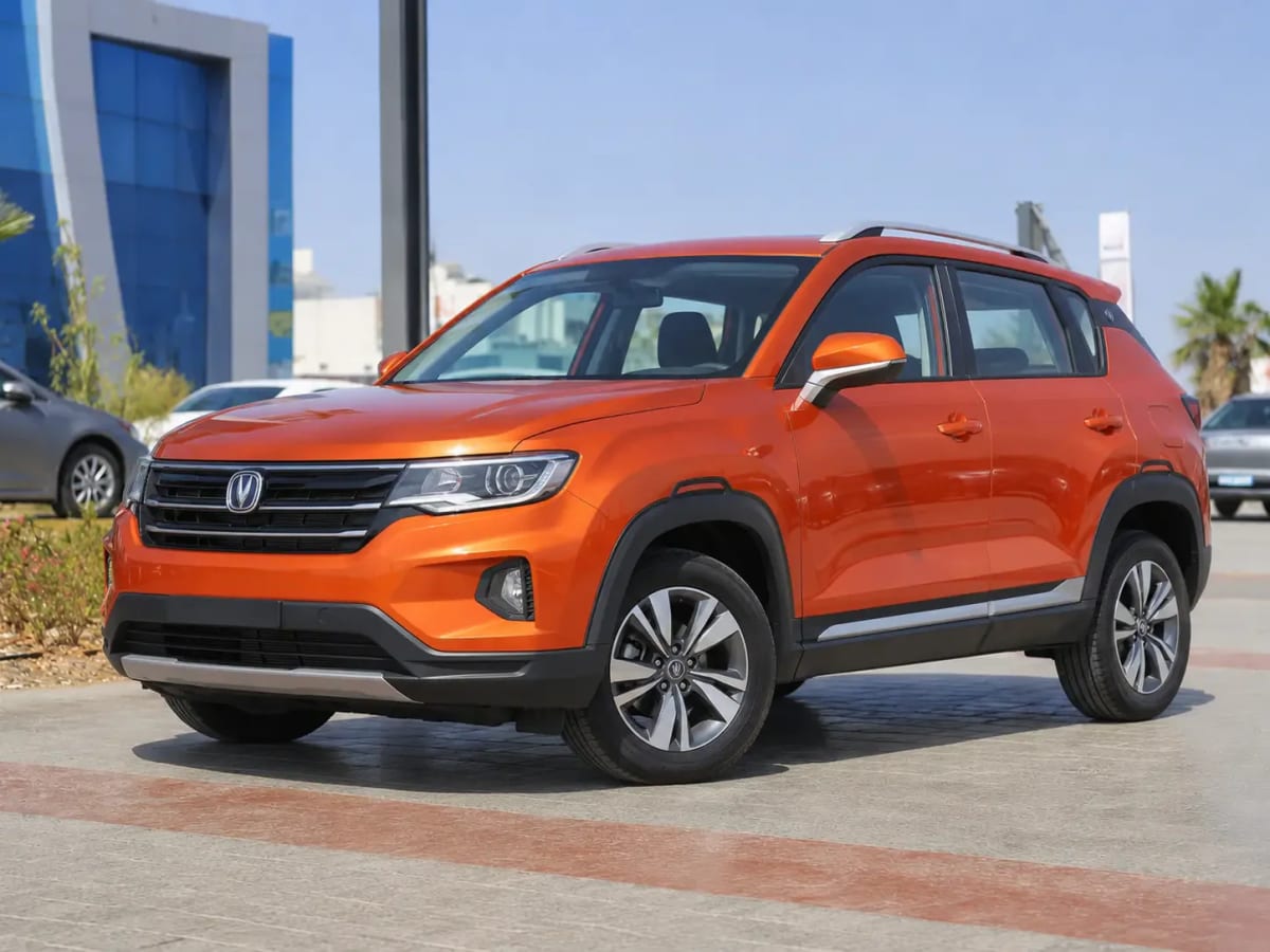Front three-quarter view of the orange Changan CS35 2022 available from OnTime Sharm car rental