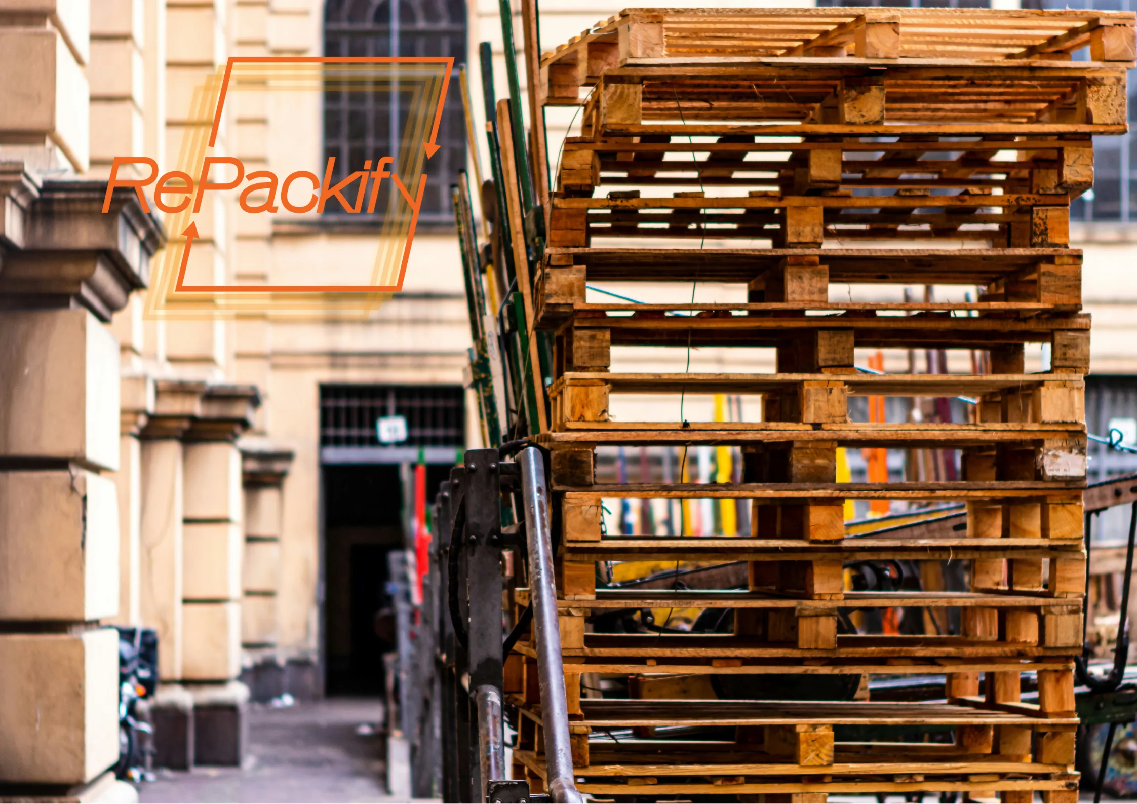 Crossdockers with a stack of pallets sitting outside a warehouse with the "repackify" logo in frame. Shipping Supplies