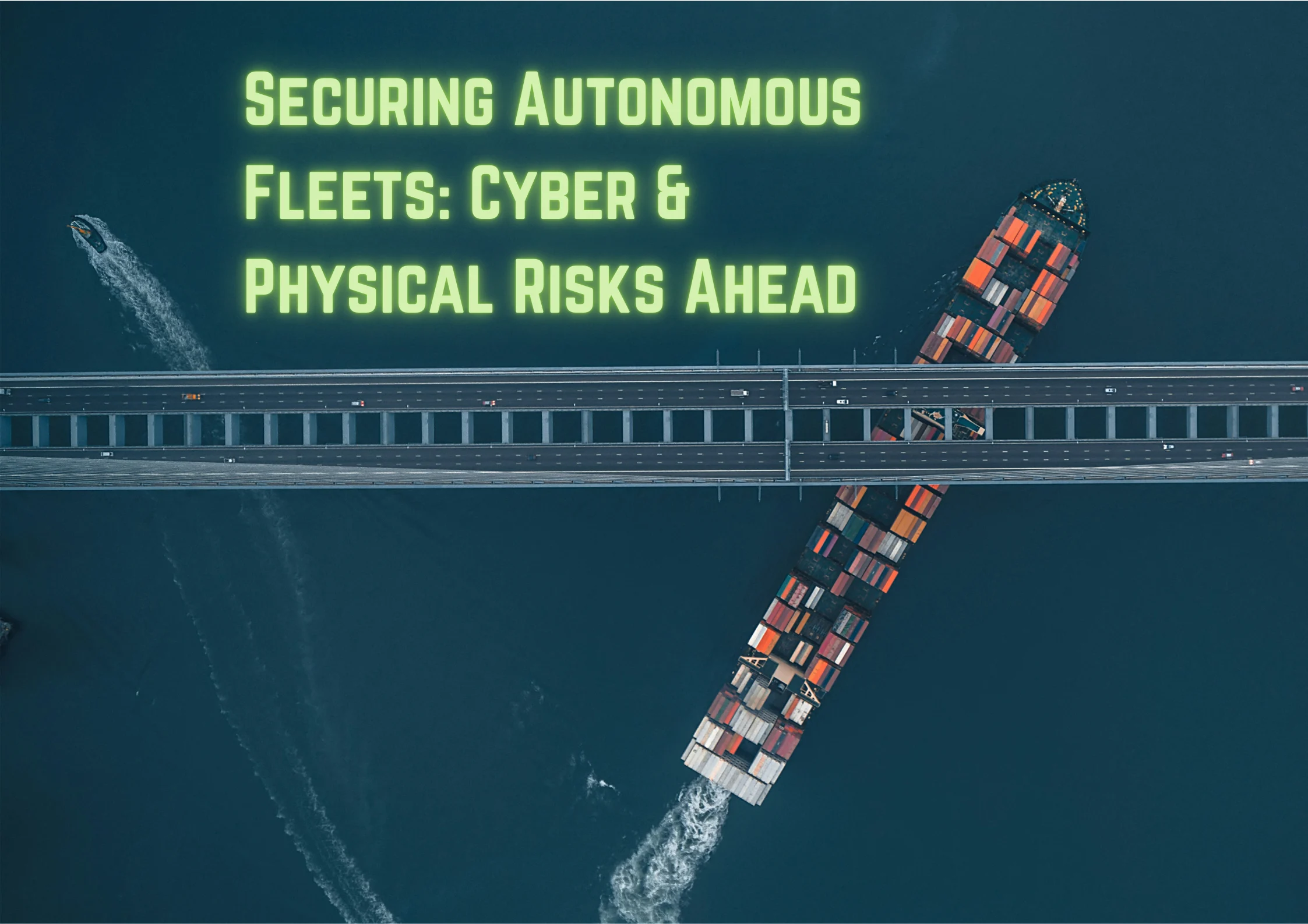 Aerial shot of a cargo ship under a bridge