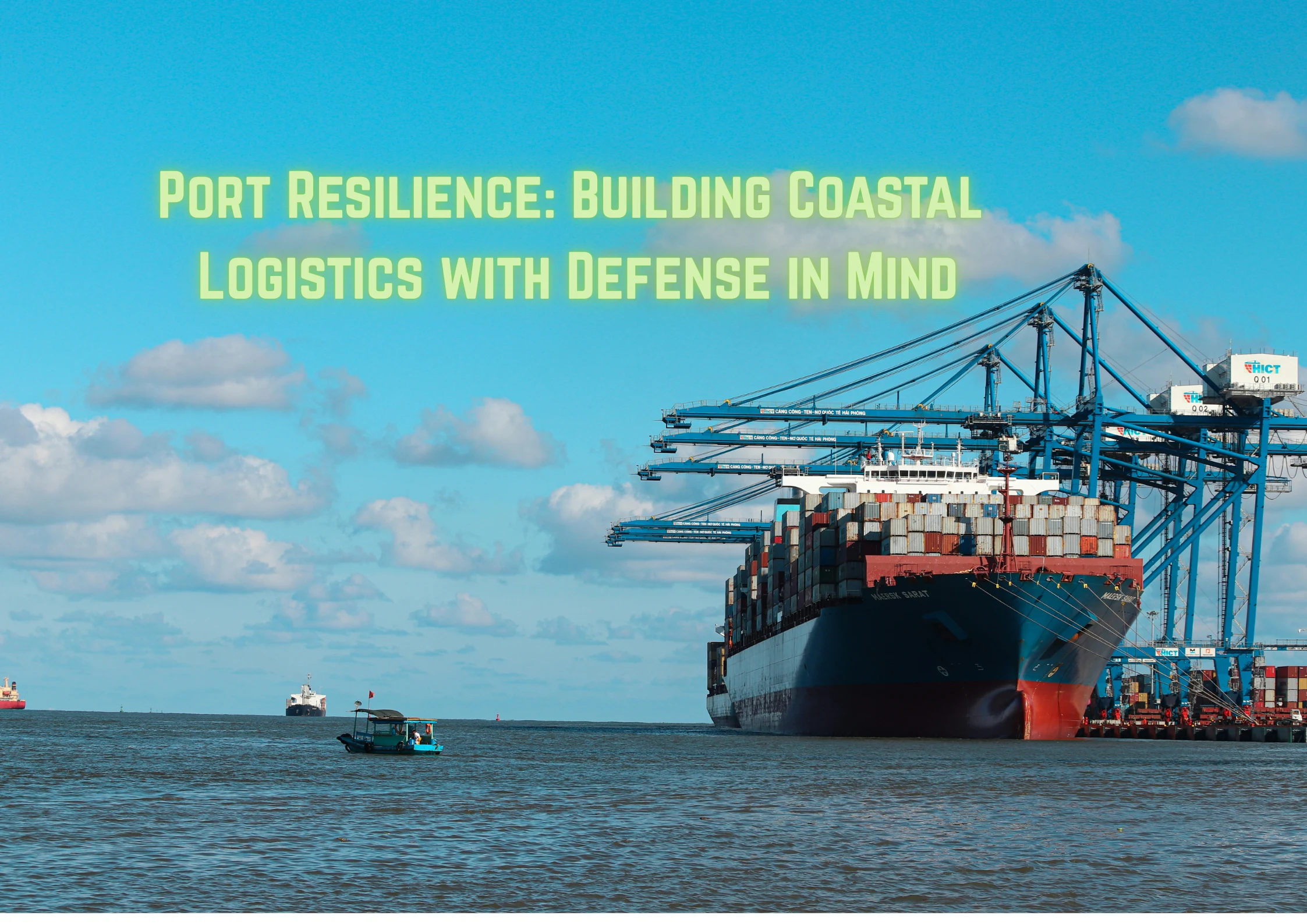 Port logistics hub shot with a large shipping container being transported