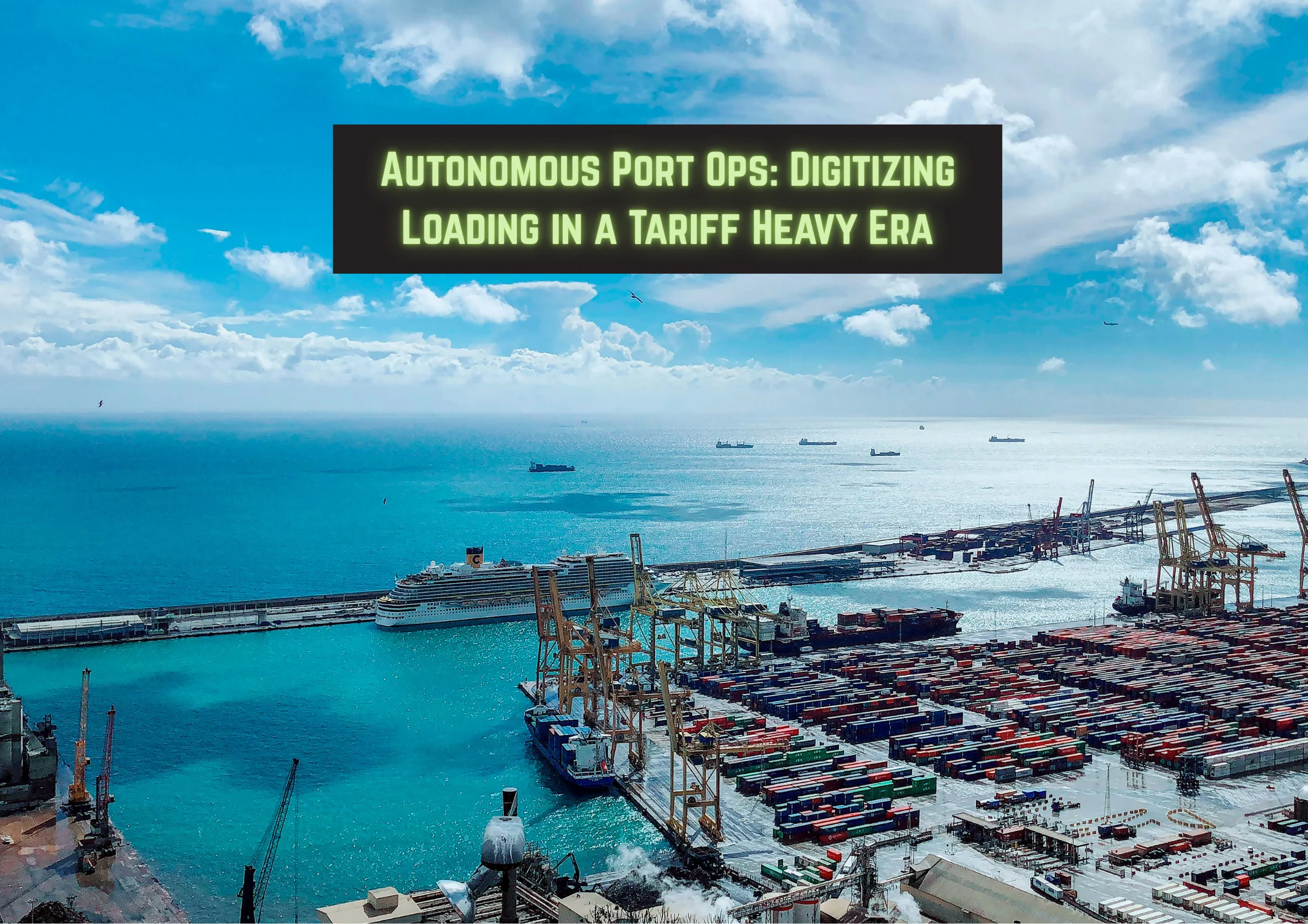 Shipping containers at port out at sea shot with large overhead aerial shot