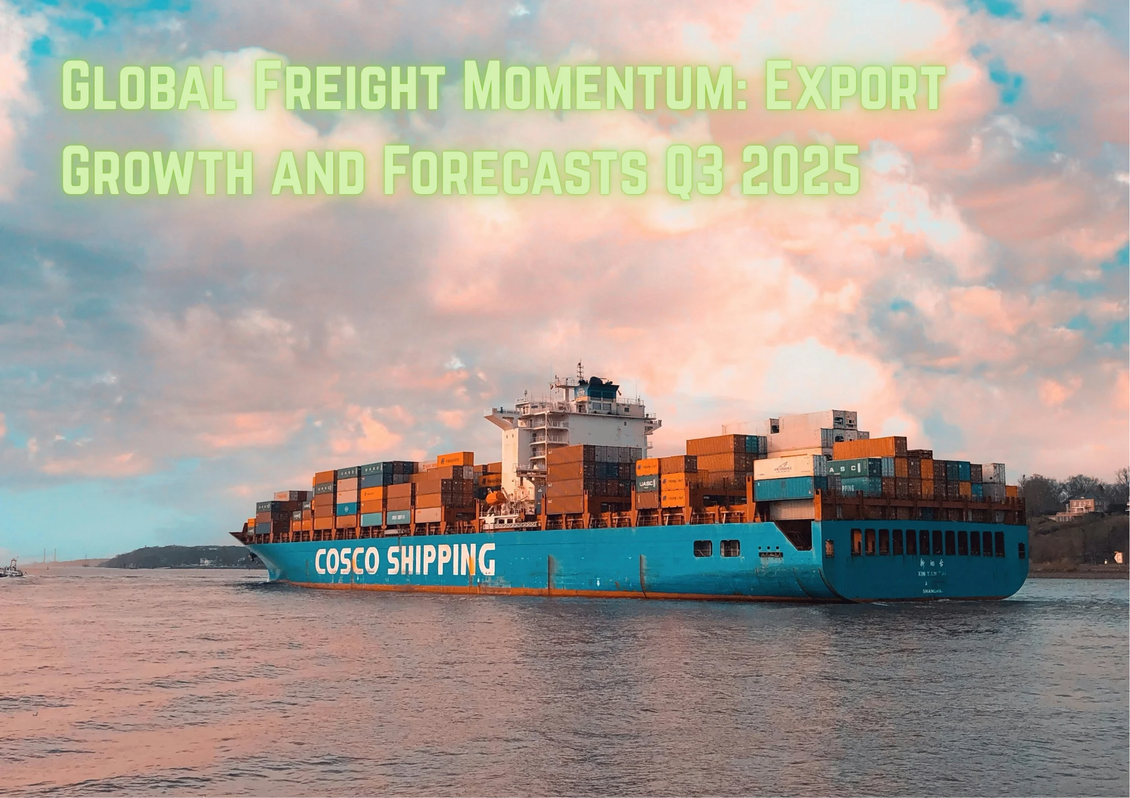 Side shot of 'cosco shipping' large freight ship with shipping containers