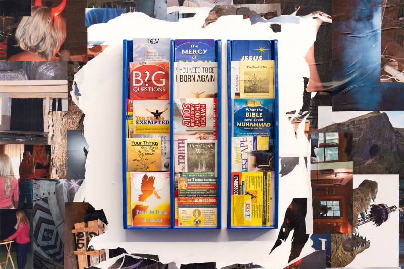 Collection of leaflets gifted to the artist by friends and gathered in various locations (2025) by Michelle Lee Johnson.