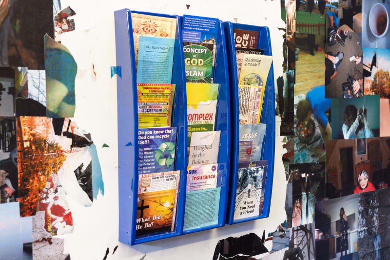 Collection of leaflets gifted to the artist by friends and gathered in various locations (2025) by Michelle Lee Johnson.