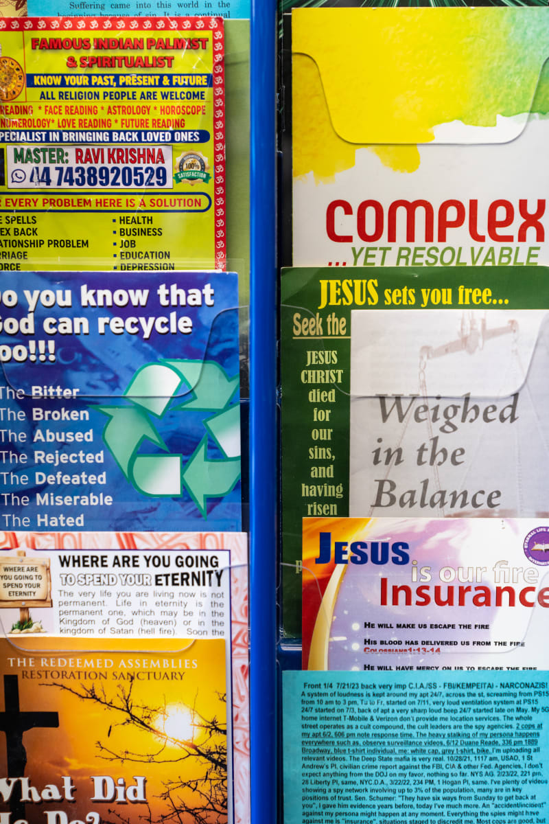 Collection of leaflets gifted to the artist by friends and gathered in various locations (2025) by Michelle Lee Johnson.