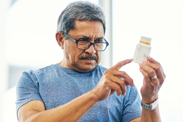 a man taking a detailed look at his prescription medicine