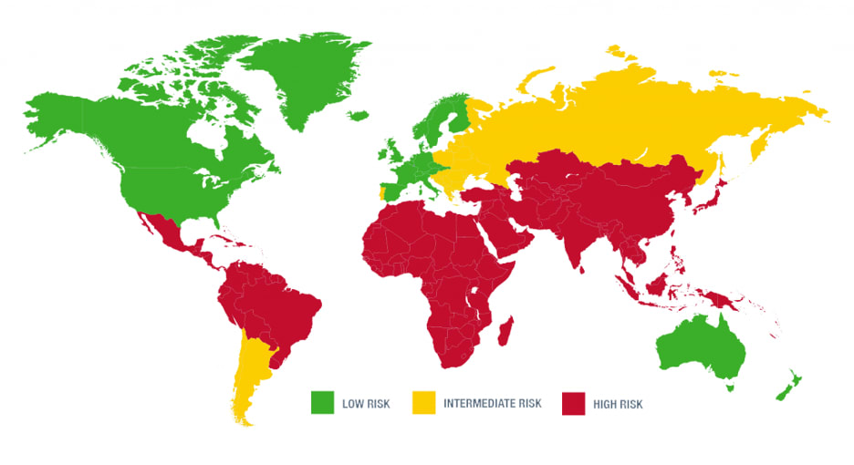 Map of the world showing levels of traveler’s diarrhea risk in different regions.