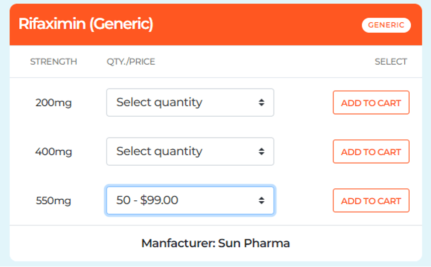  Image shows availability of generic Xifaxan on the My Drug Center website for just $99.00