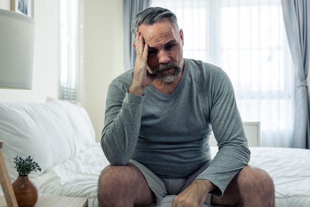 a man white grey hair experiencing a headache