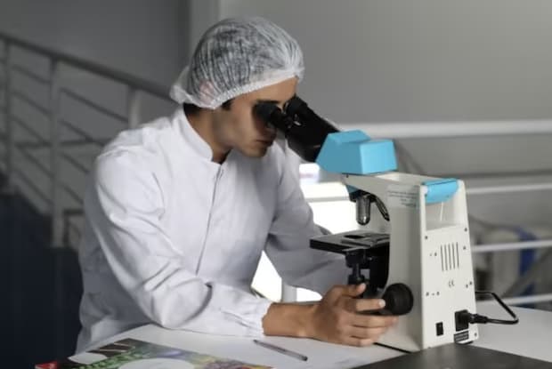 a scientist looking into a microscope