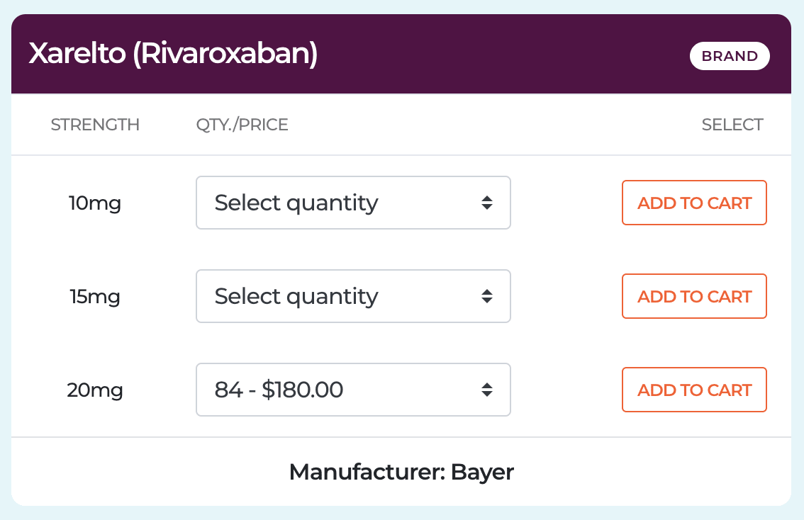 Screenshot of the Xarelto ordering page on My Drug Center’s website, showing that it costs significantly less than even the lowest U.S. retail price