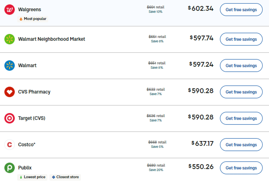 Xarelto cost list showing that a monthly supply is $550-$637