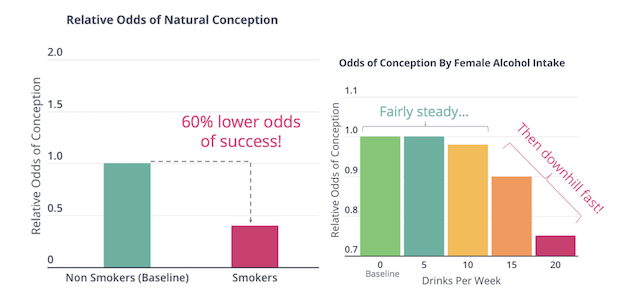 Bar charts show how smoking and alcohol decrease egg health and fertility in women.