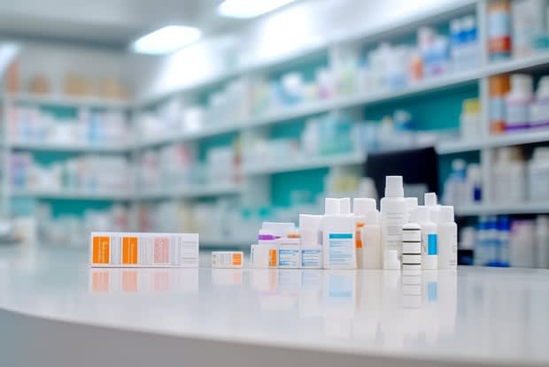 medications in a pharmacy with an artistic blur