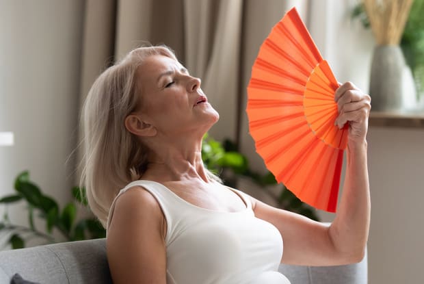 a woman cooling herself down with a fan