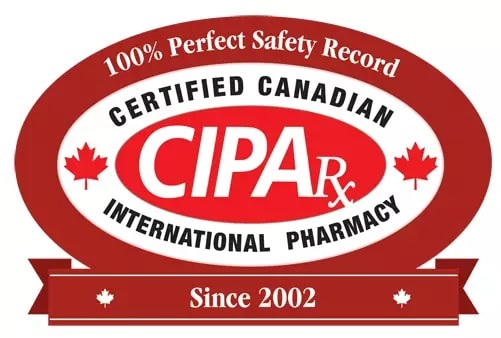 Logo for the Canadian International Pharmacy Association (CIPA), which has a 100% perfect safety record in 20+ years of operations.