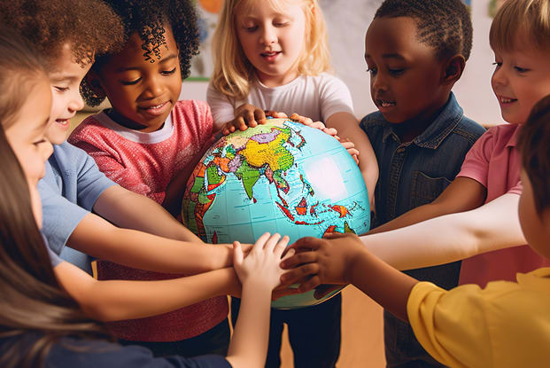 children gathering around globe model