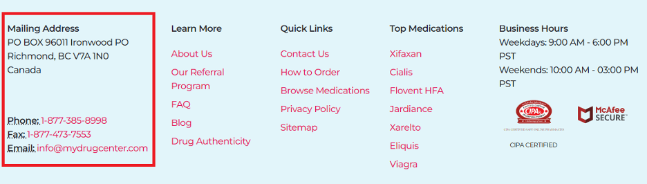 Screenshot of My Drug Center’s website clearly displaying contact information